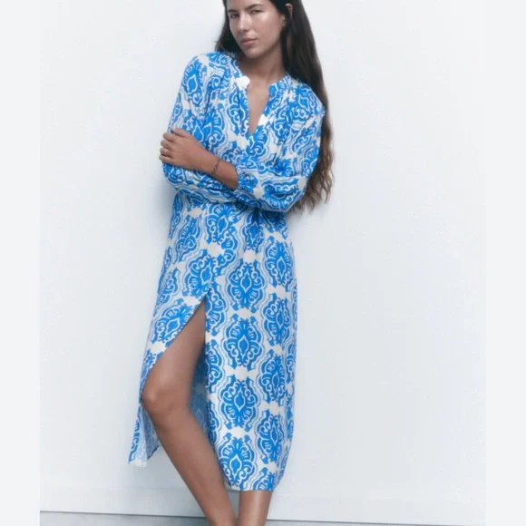 Zara | Dresses | Zara Blue White Printed Midi Dress | Poshmark
